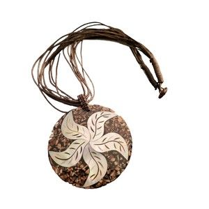 Brown Multi Strand Necklace with Brown Plastic? Pendant with Abalone Design
